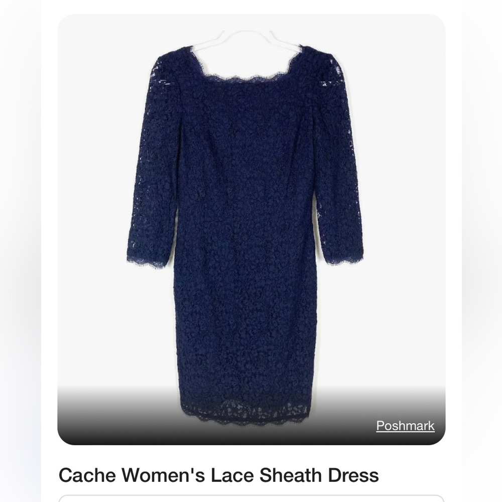 Cache, navy lace 3/4 sleeve sheath dress